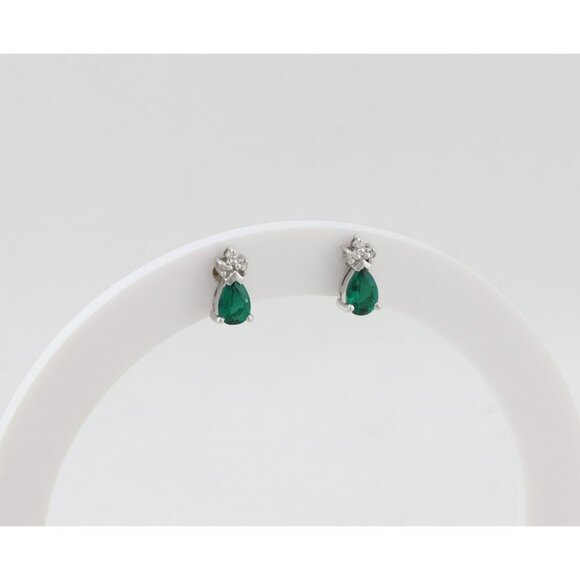 14k White Gold Lab Created Emerald & Diamond Earrings Stud Post Earrings 3/8" - Picture 6 of 9